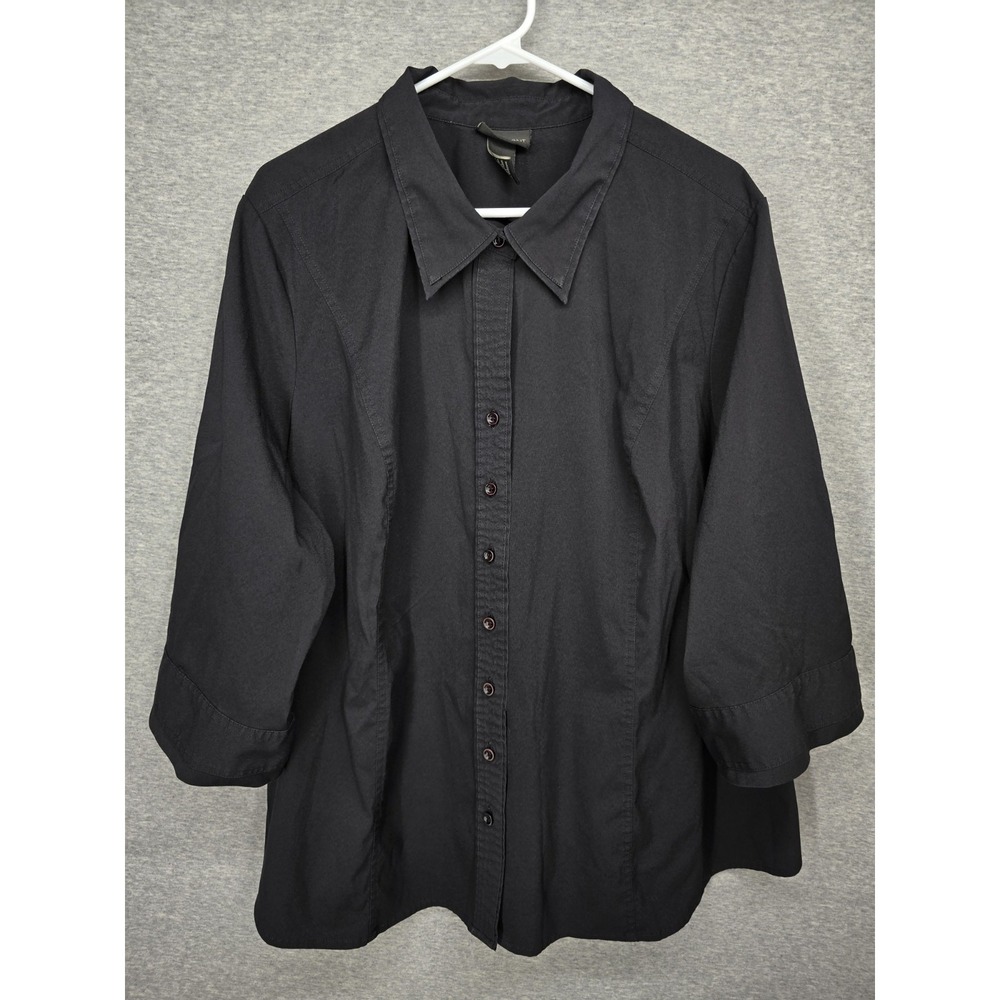 Lane Bryant Black Button-Down Blouse Shirt Plus Size 26/28 3/4 Sleeve Stretch